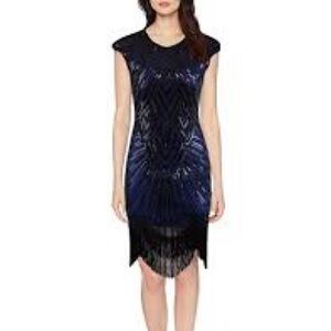 Blue Black Beaded Fringe Flapper Dress | Size Large | Gatsby 1920s Style